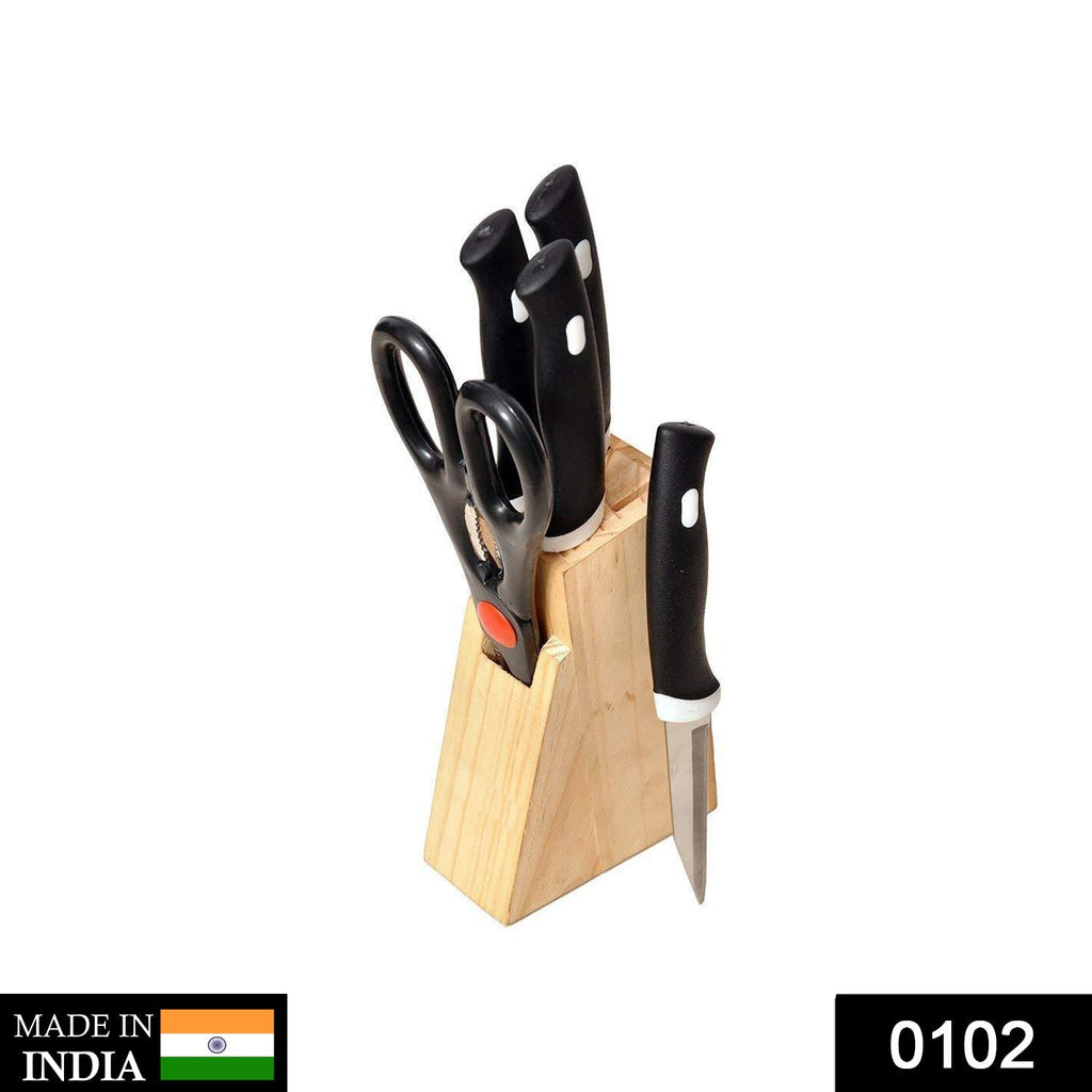 102 Kitchen Knife Set with Wooden Block and Scissors (5 pcs, Black) dhanpe-shop