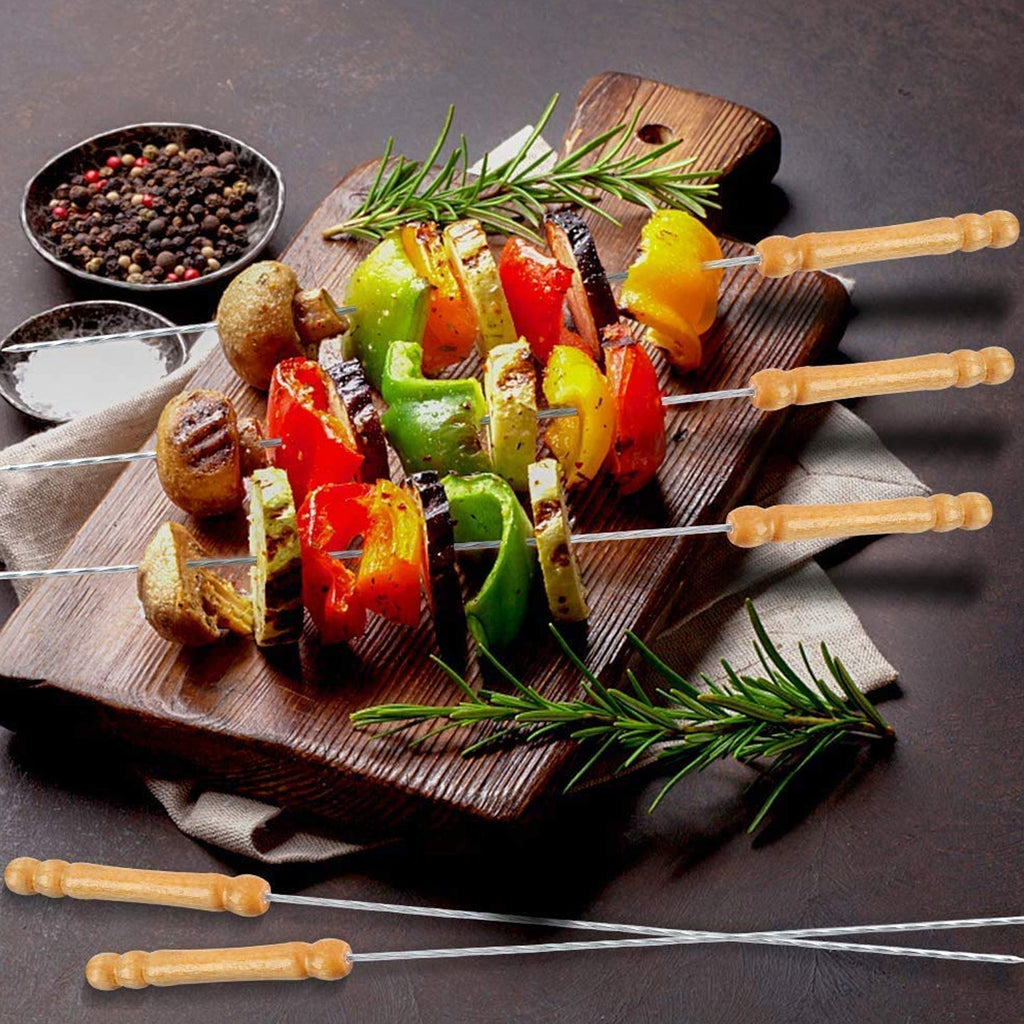 7099 Non Bending Reusable Long Wooden Thick Handle BBQ Grill Paneer Tikka Kebab Seekh Barbeque Skewers. DeoDap