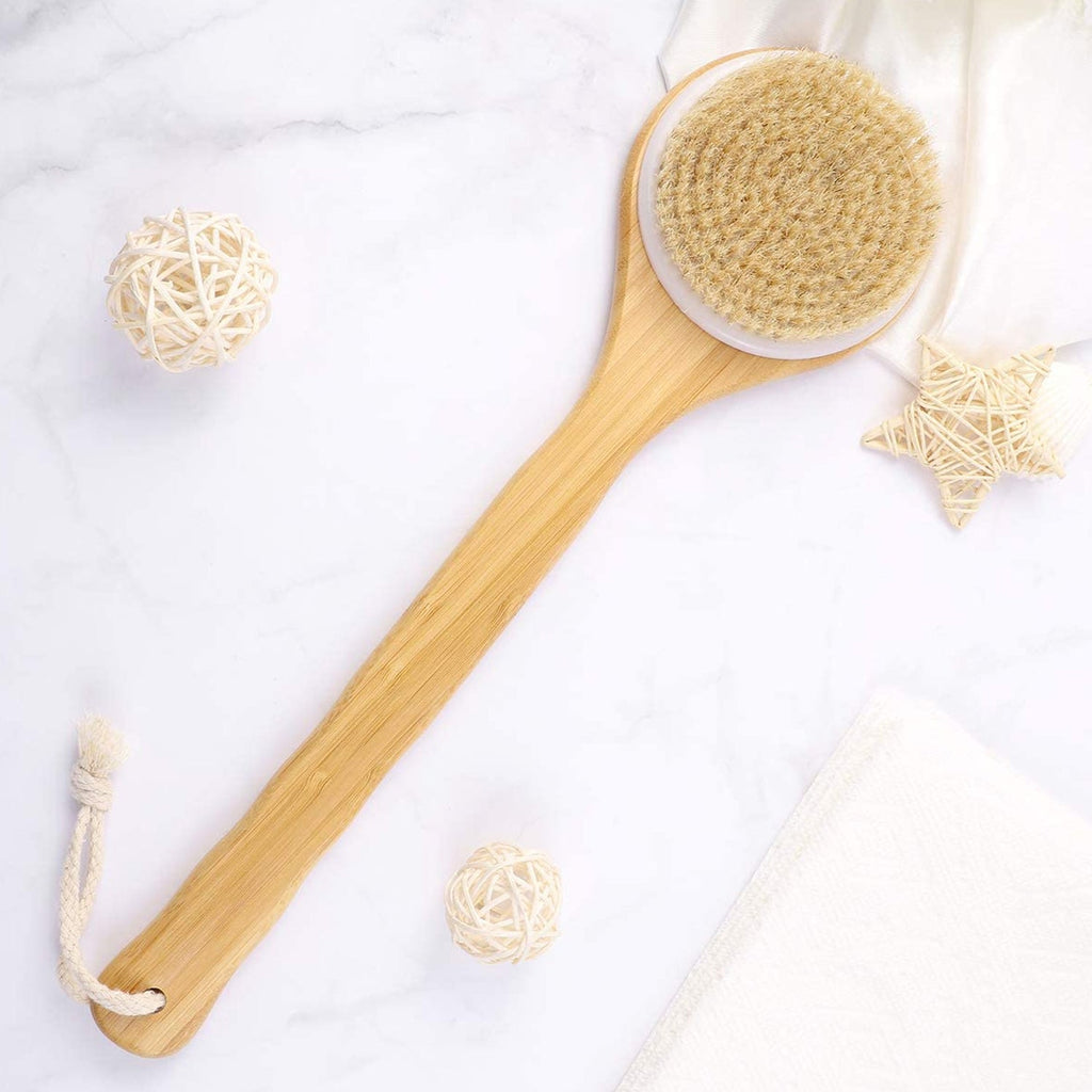 6700 Body Brush Dry Brushing Back Scrubber Shower Bath Brush Bamboo Long Handle Natural Bristles exfoliating Massage Improve Blood Circulation Cellulite DeoDap