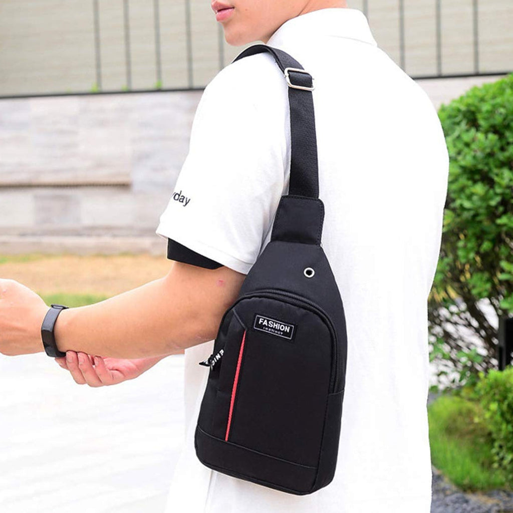 0322 Black Waterproof Anti Theft Crossbody fanny pack waist bag PU Leather Shoulder Bags Chest Men Casual fashion USB Charging earphone hook Sling Travel Messengers Bag DeoDap