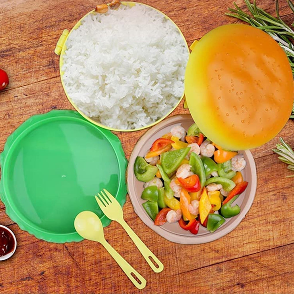 5313 Burger Shape Lunch Box Plastic Lunch Box Food Container Sets Double Layer Lunchbox 1000ml With 2 Spoon Applicable to Kids and Elementary School Students DeoDap