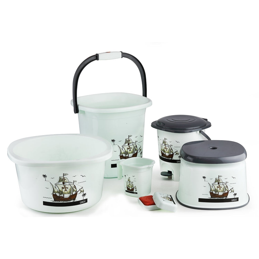 8701 Plastic Bathroom Accessories Set 6 pcs Bath Set Bathroom Bucket with Dustbin Mug, Stool, Soap Case,Tub DeoDap