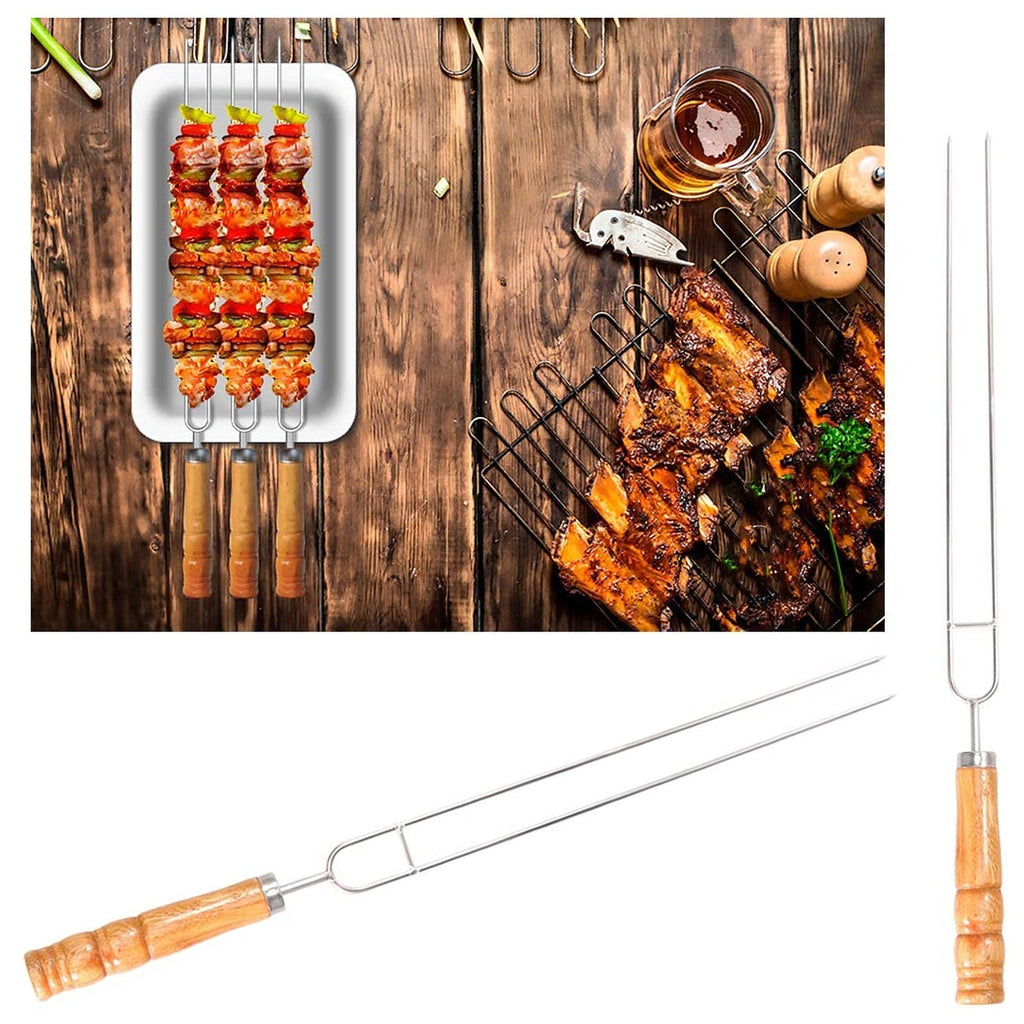 2878 Stainless Steel Double Prongs Roasting Stick BBQ Barbecue Fork Kebab Skewers Wooden Handle DeoDap