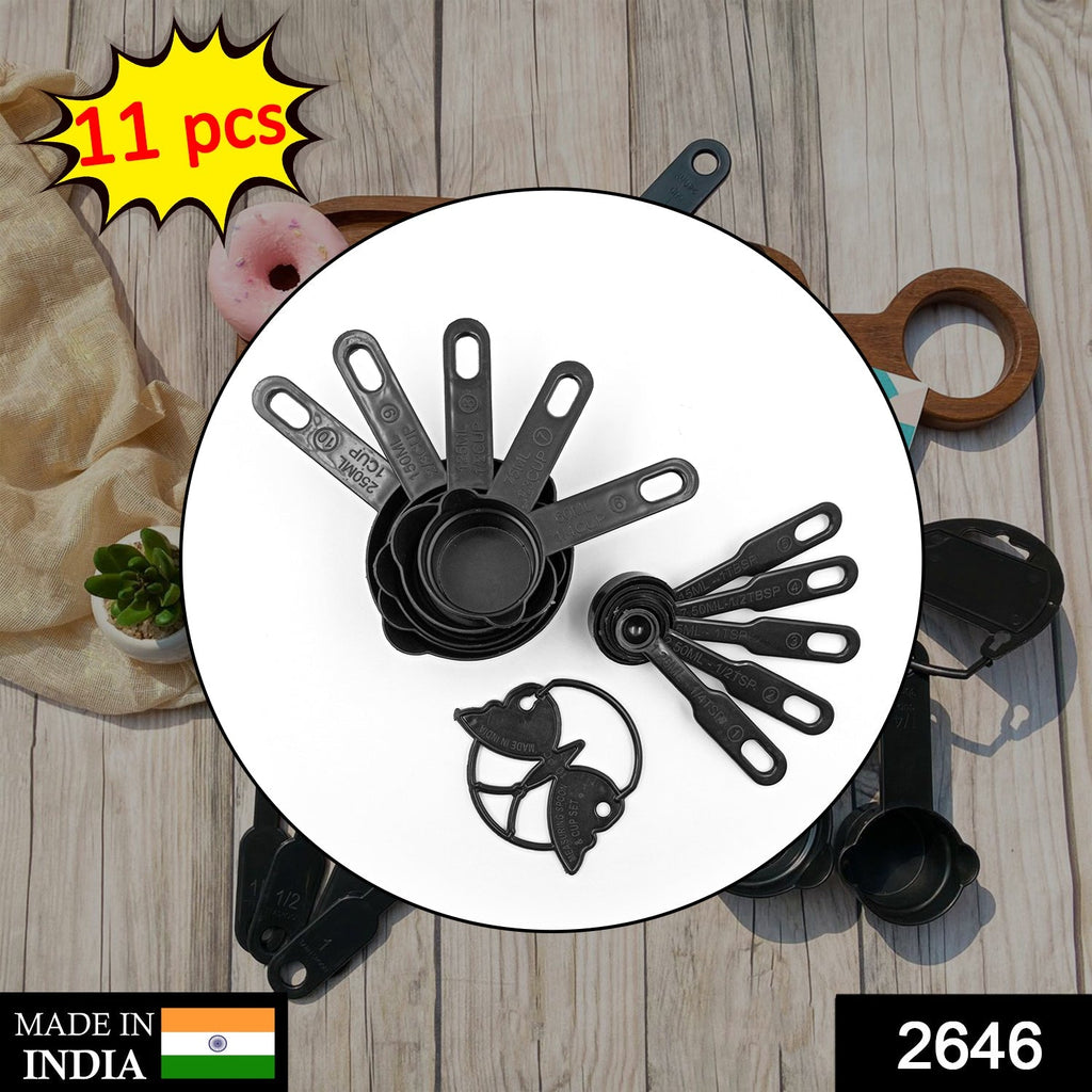 2646 Plastic Measuring Cups and Spoons (11 Pcs, Black) With butterfly shape Holder DeoDap