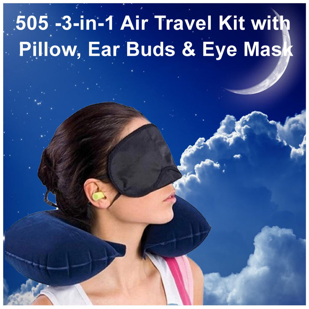 505 -3-in-1 Air Travel Kit with Pillow, Ear Buds & Eye Mask dhanpe-shop WITH BZ LOGO